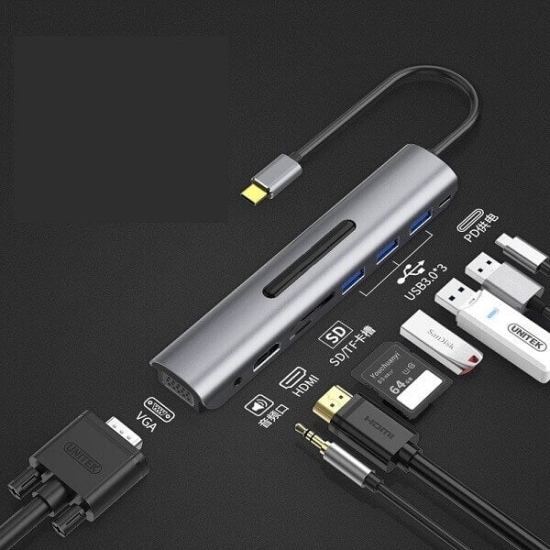 Cáp chuyển đổi USB Type C 9 in 1 To VGA, HDMI, SD, TF, USB 3.0 x 3, Audio 3.5, Type C