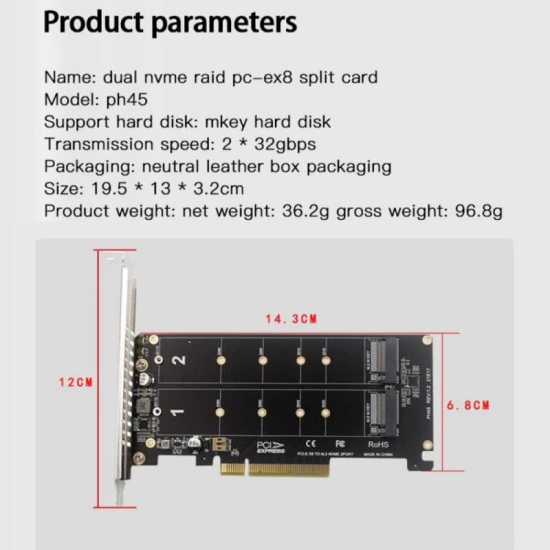 Card chuyển SSD M2 NVMe To PCIe X8 2 Slot